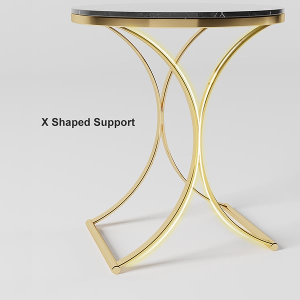 Modern Luxurious Round Black Marble Stone Side Table X-Base End Table in Gold