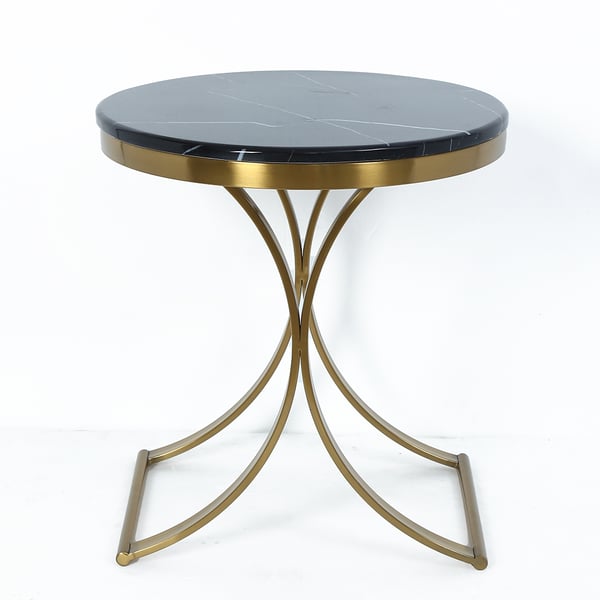 Modern Luxurious Round Black Marble Stone Side Table X-Base End Table in Gold