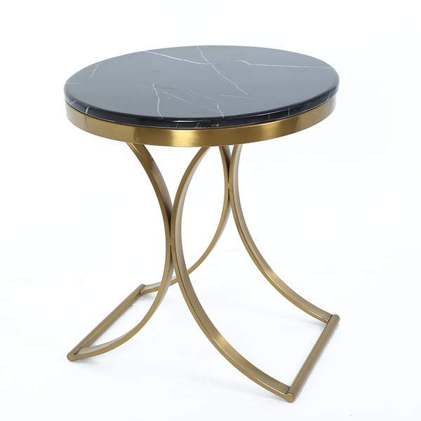 Modern Luxurious Round Black Marble Stone Side Table X-Base End Table in Gold