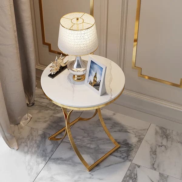 Modern Luxurious Round White Marble Stone Side Table X-Base End Table in Gold