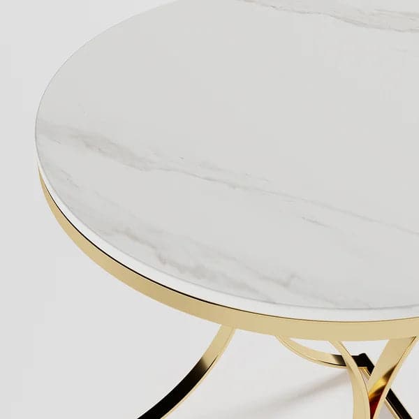 Modern Luxurious Round White Marble Stone Side Table X-Base End Table in Gold