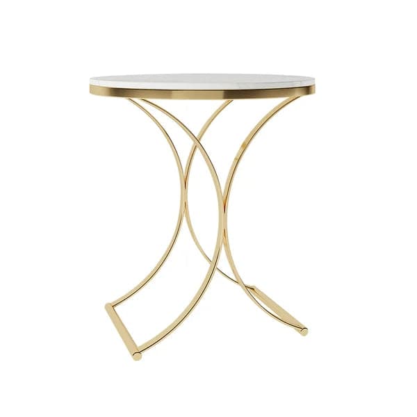 Modern Luxurious Round White Marble Stone Side Table X-Base End Table in Gold