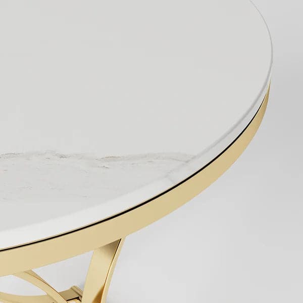 Modern Luxurious Round White Marble Stone Side Table X-Base End Table in Gold