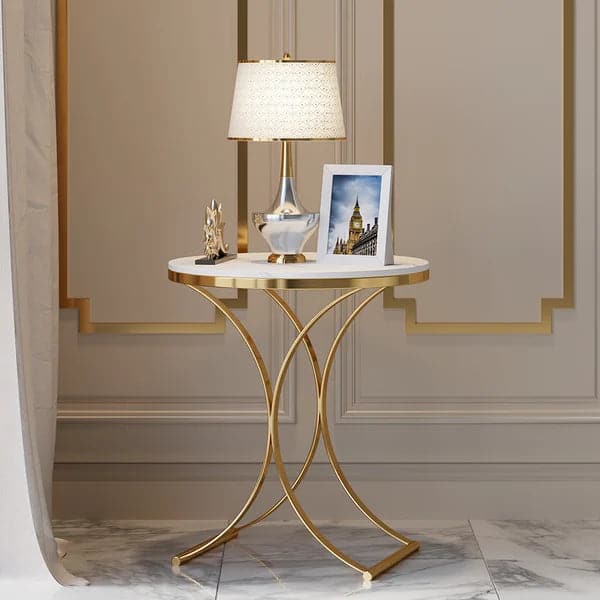 Modern Luxurious Round White Marble Stone Side Table X-Base End Table in Gold