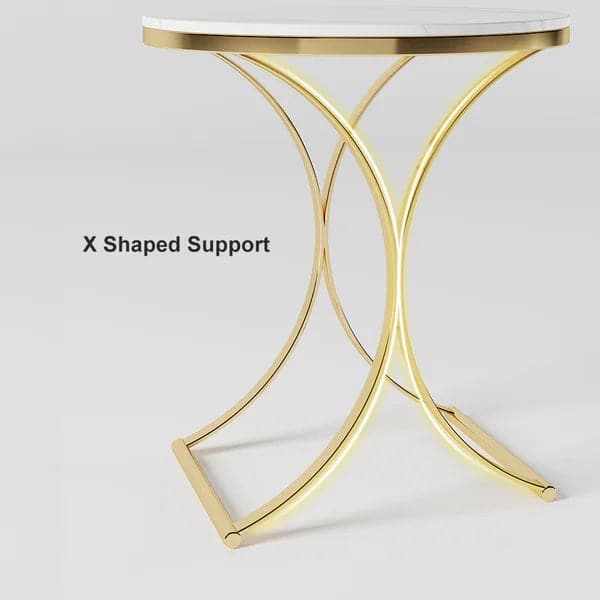 Modern Luxurious Round White Marble Stone Side Table X-Base End Table in Gold