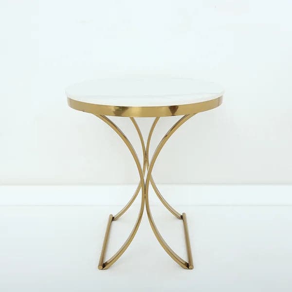 Modern Luxurious Round White Marble Stone Side Table X-Base End Table in Gold