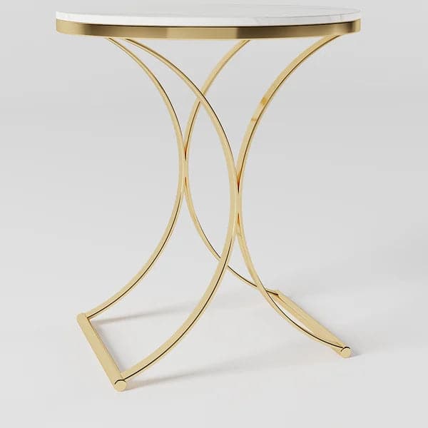 Modern Luxurious Round White Marble Stone Side Table X-Base End Table in Gold