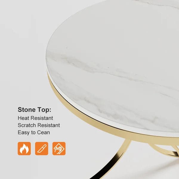 Modern Luxurious Round White Marble Stone Side Table X-Base End Table in Gold