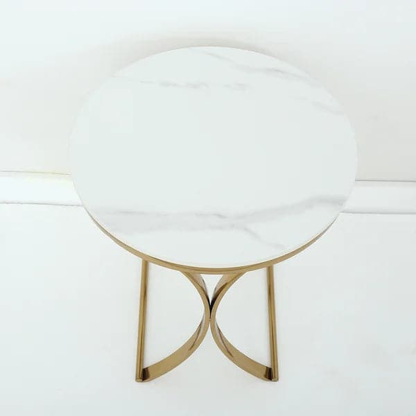 Modern Luxurious Round White Marble Stone Side Table X-Base End Table in Gold