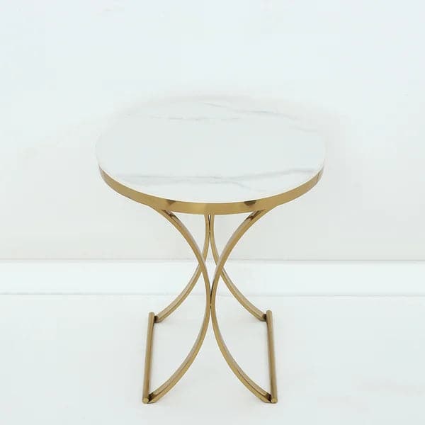 Modern Luxurious Round White Marble Stone Side Table X-Base End Table in Gold