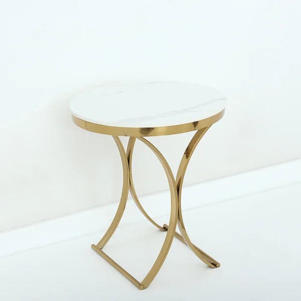 Modern Luxurious Round White Marble Stone Side Table X-Base End Table in Gold