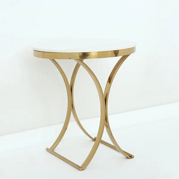 Modern Luxurious Round White Marble Stone Side Table X-Base End Table in Gold