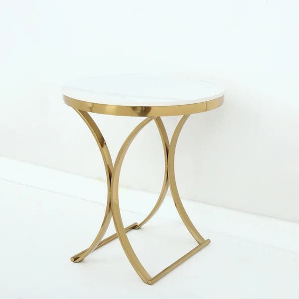 Modern Luxurious Round White Marble Stone Side Table X-Base End Table in Gold