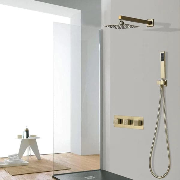 Système de douche mural de luxe moderne de 8 pouces en laiton massif avec douchette à main en or brossé