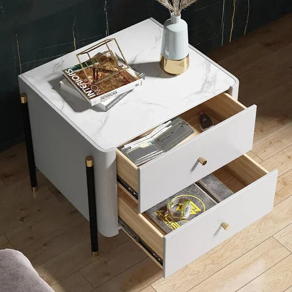 Table de chevet moderne de luxe grise à 2 tiroirs avec plateau en pierre frittée
