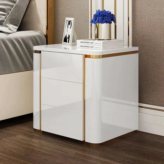 Modern Luxury White & Gold 3 Drawers Bedroom Nightstand Square Bedside Table