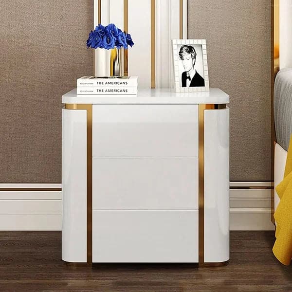 Table de chevet carrée de luxe moderne, blanc et or, 3 tiroirs, pour chambre à coucher