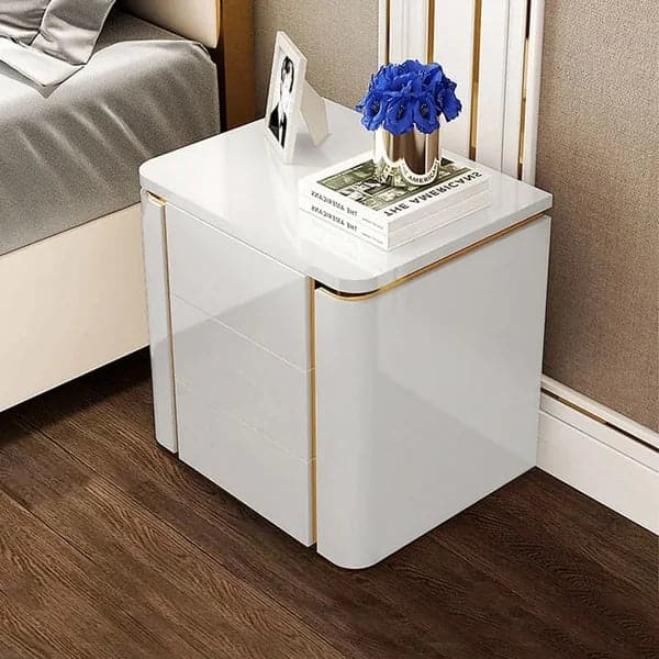 Table de chevet carrée de luxe moderne, blanc et or, 3 tiroirs, pour chambre à coucher