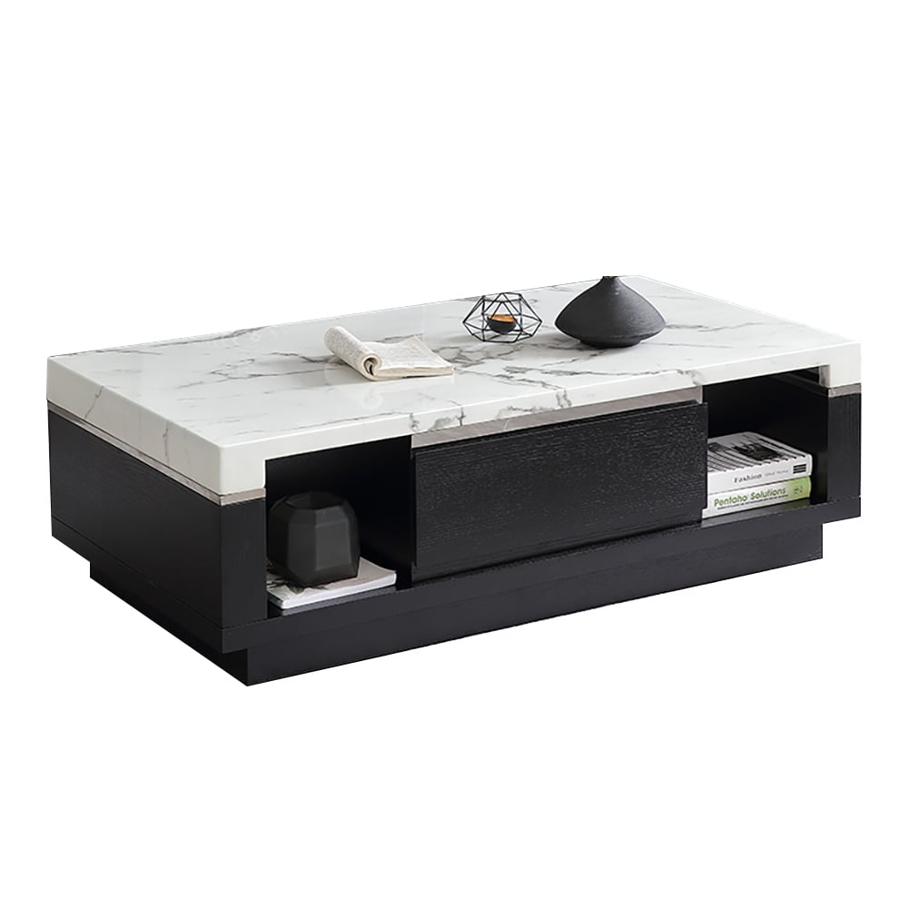 Modern Marble Coffee Table Black & White with Storage & Drawers in Wood