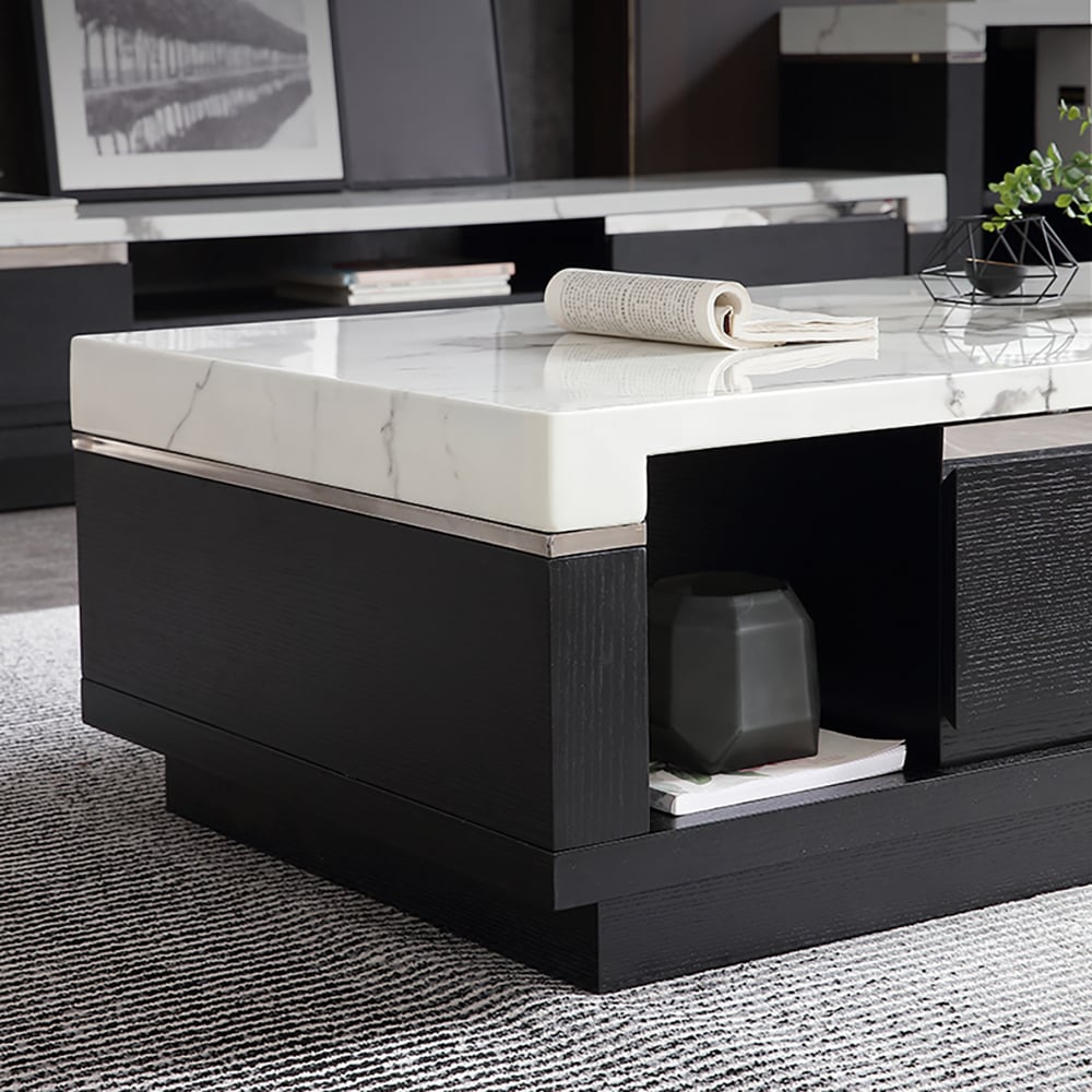 Modern Marble Coffee Table Black & White with Storage & Drawers in Wood