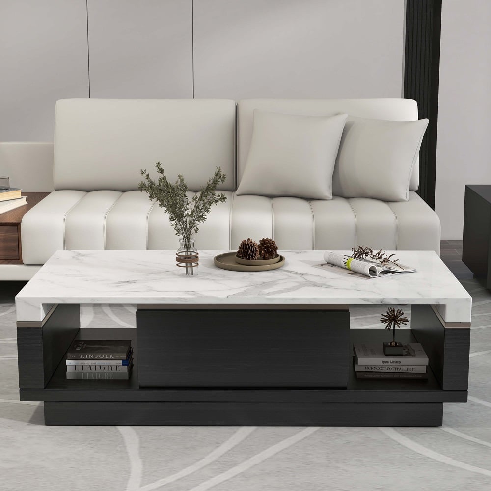 Modern Marble Coffee Table Black & White with Storage & Drawers in Wood