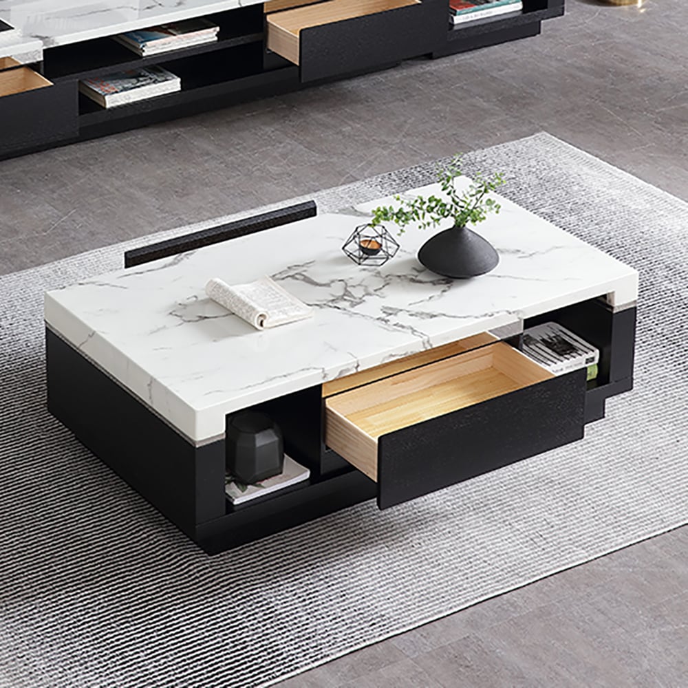 Modern Marble Coffee Table Black & White with Storage & Drawers in Wood