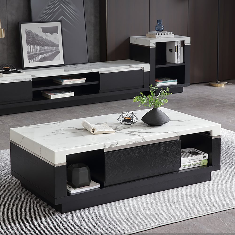 Modern Marble Coffee Table Black & White with Storage & Drawers in Wood