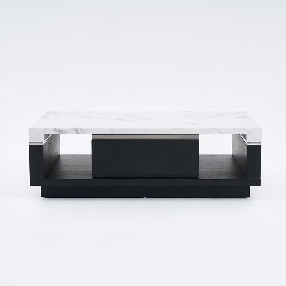 Modern Marble Coffee Table Black & White with Storage & Drawers in Wood