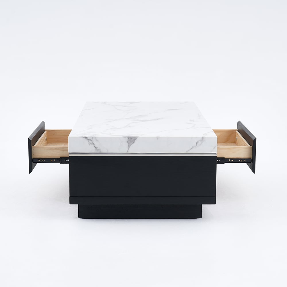 Modern Marble Coffee Table Black & White with Storage & Drawers in Wood