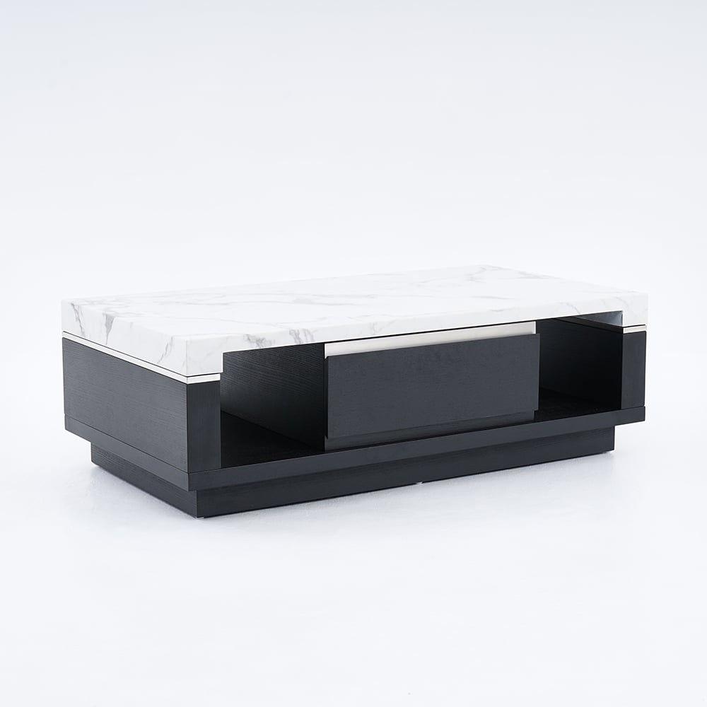 Modern Marble Coffee Table Black & White with Storage & Drawers in Wood