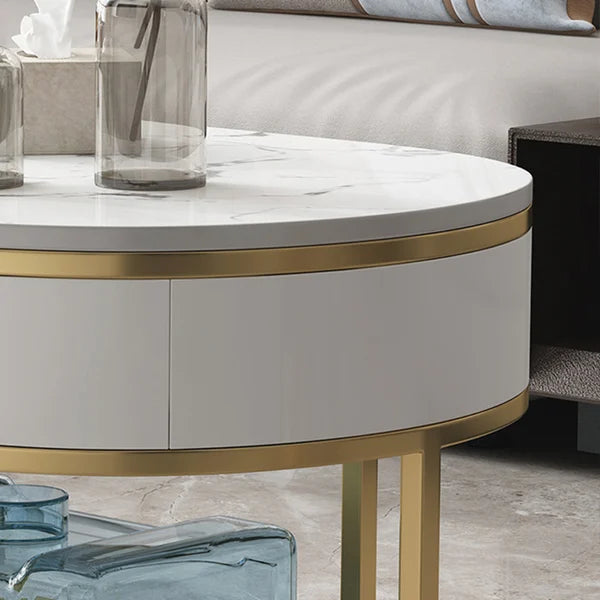 Modern Marble Coffee Table with Drawers & Shelf in White