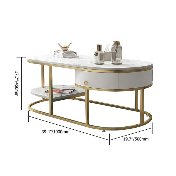 Table basse moderne en marbre avec tiroirs et étagère en blanc