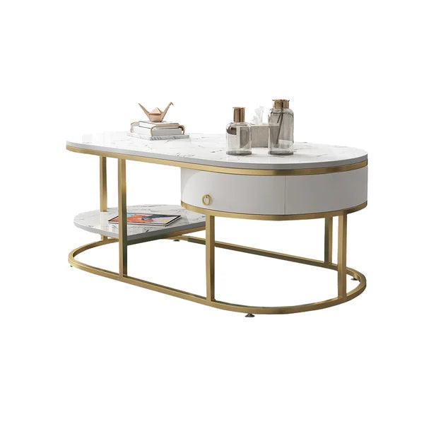 Table basse moderne en marbre avec tiroirs et étagère en blanc