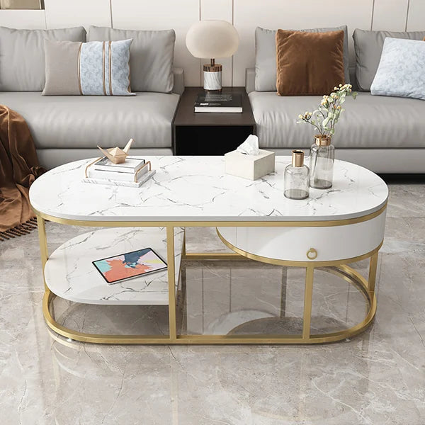 Table basse moderne en marbre avec tiroirs et étagère en blanc