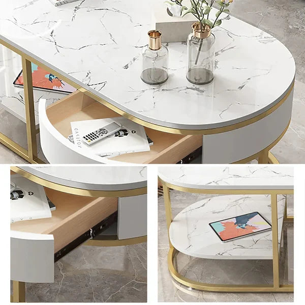 Table basse moderne en marbre avec tiroirs et étagère en blanc