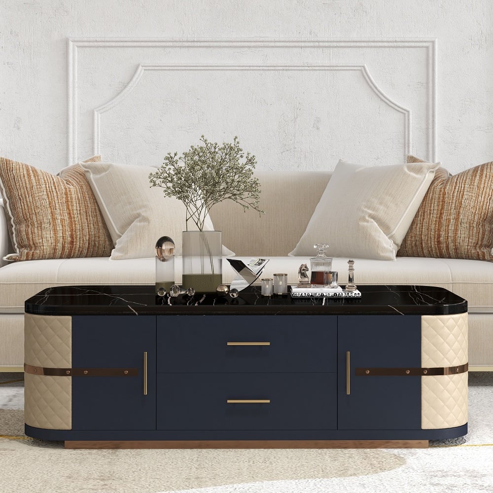 Modern Marble Coffee Table with Storage in Black