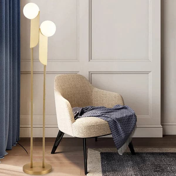 Lampadaire torchère minimaliste moderne à 2 lumières avec abat-jour en verre et métal doré