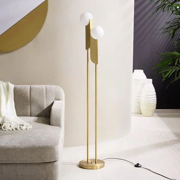 Lampadaire torchère minimaliste moderne à 2 lumières avec abat-jour en verre et métal doré
