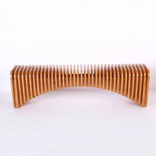 Modern Natural Wooden Curved Entryway Bench Seat Vertical Linear Surface