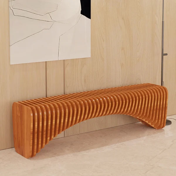 Modern Natural Wooden Curved Entryway Bench Seat Vertical Linear Surface