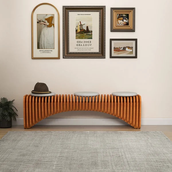 Modern Natural Wooden Curved Entryway Bench Seat Vertical Linear Surface