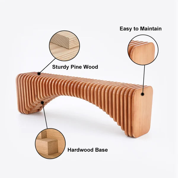 Modern Natural Wooden Curved Entryway Bench Seat Vertical Linear Surface