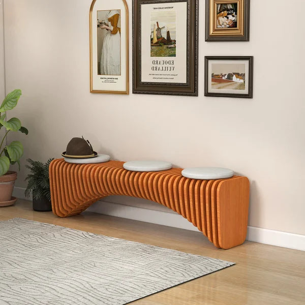 Modern Natural Wooden Curved Entryway Bench Seat Vertical Linear Surface