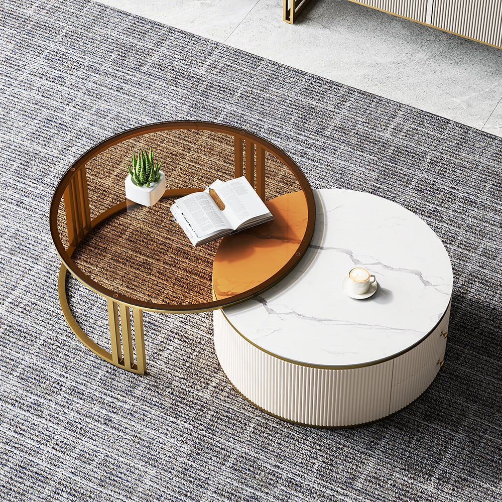 Modern Nesting Sintered Stone Top Off-White Round Glass Small Coffee Table with Storage