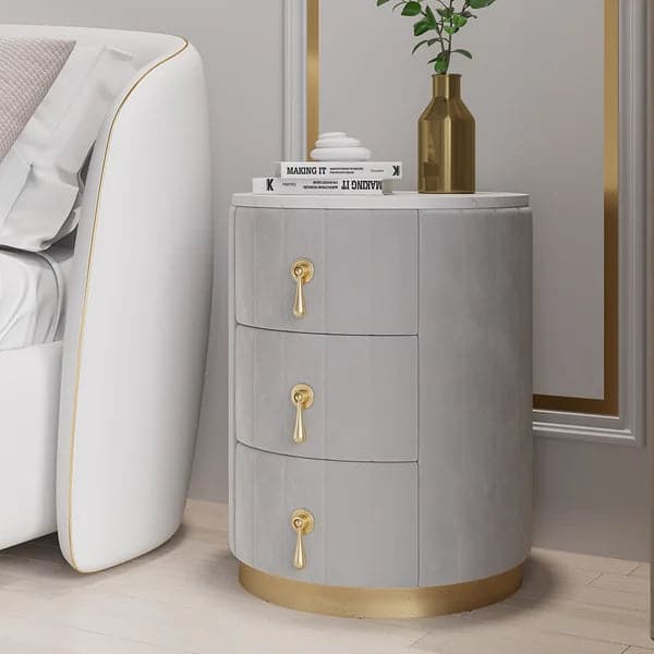 Modern Nightstand Gray Round Nightstand with 3 Drawers Nightstand with Storage