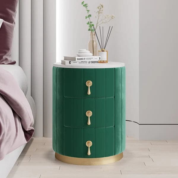 Modern Nightstand Green Round Nightstand with 3 Drawers Nightstand with Storage