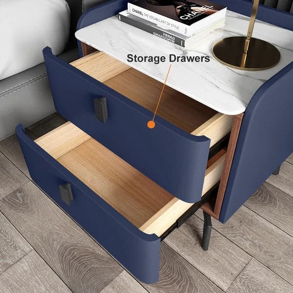 Modern Nightstand with 2 Drawers Bedroom Nightstand in Deep Blue Faux Marble Top