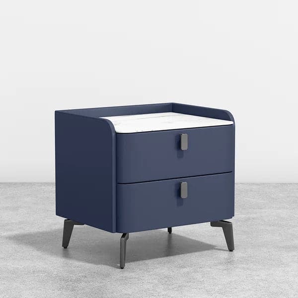 Modern Nightstand with 2 Drawers Bedroom Nightstand in Deep Blue Faux Marble Top