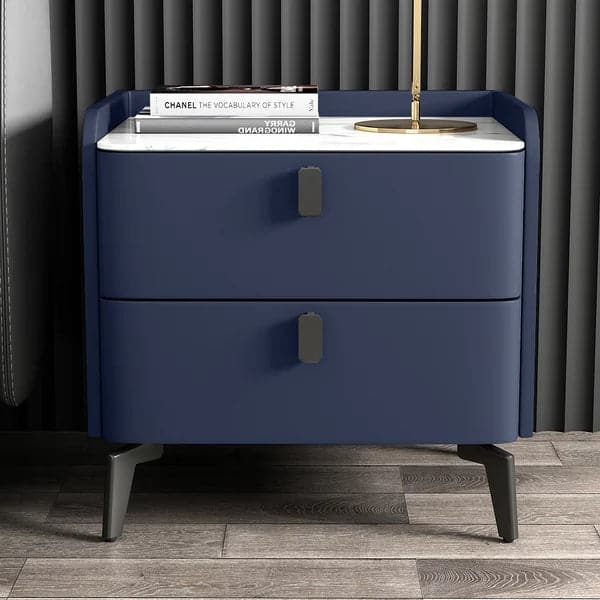Modern Nightstand with 2 Drawers Bedroom Nightstand in Deep Blue Faux Marble Top