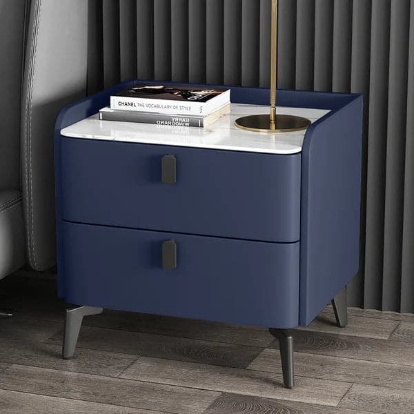 Modern Nightstand with 2 Drawers Bedroom Nightstand in Deep Blue Faux Marble Top